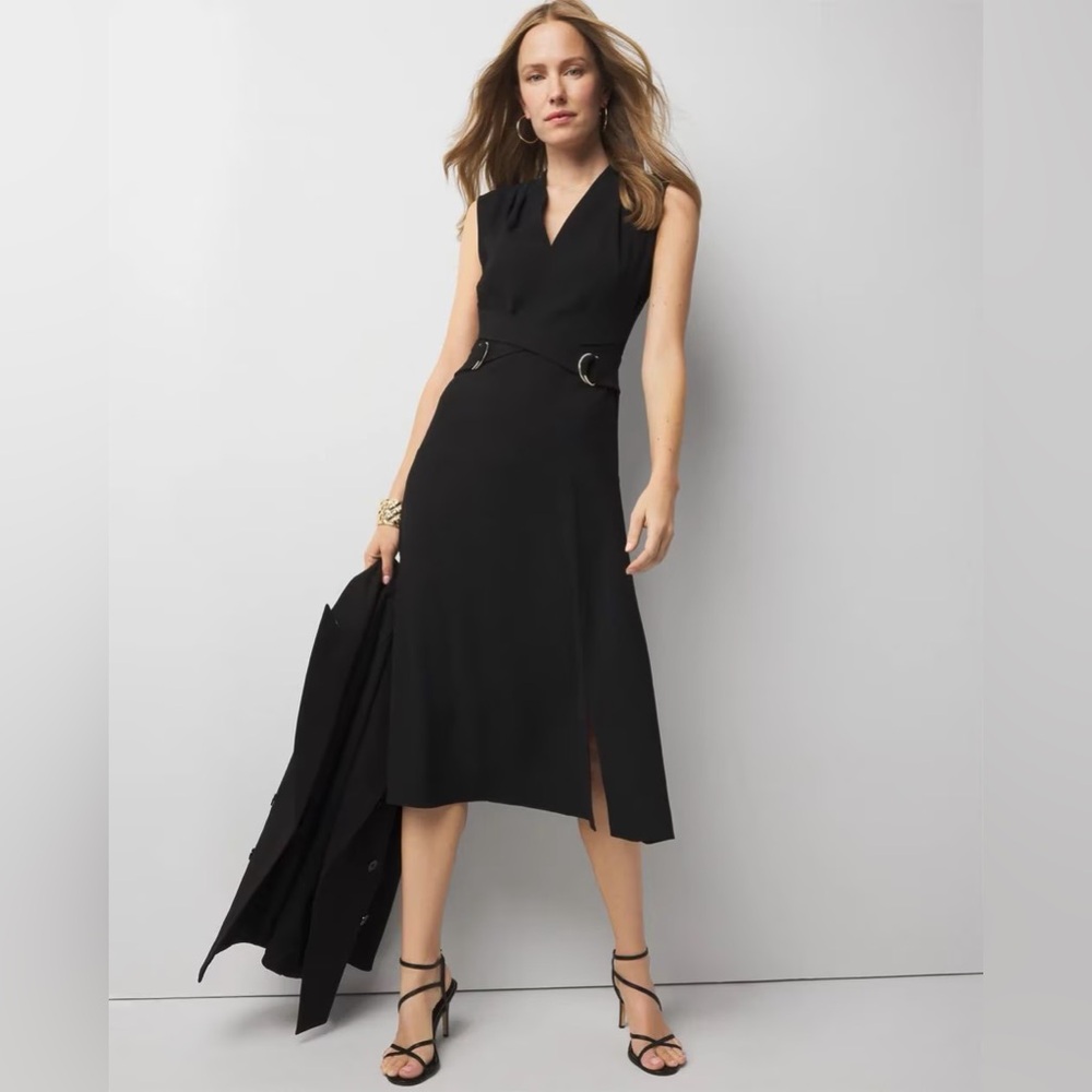 White House Black Market Black Sleeveless Midi Dress with Ring Waist